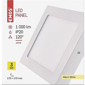 EMOS LED wand- en plafondlamp wit, opbouwlicht in vierkante vorm / 12W vervanging voor 70W / helderheid 1000 lm/warm wit 3000 K / 30000 uur levensduur/CRI min. 80 / stralingshoek 120 ° / IP20