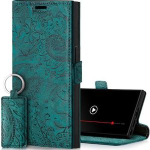 SURAZO Slim magnetische telefoonhoes voor Samsung Galaxy S24 Ultra, leren klaphoesje met kaartenvak, RFID-bescherming, bloemenpatroon] klaphoes, wallet case cover, leren hoes (turquoise)