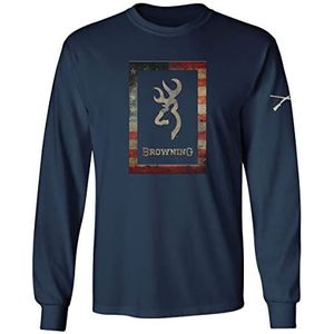 Browning Grafisch T-shirt voor heren, Hunting & Outdoors T-shirts met korte en lange mouwen, Rustieke vlag frame (marine), M