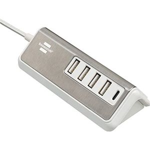 brennenstuhl®estilo USB lader met snellaadfunctie/Meervoudig USB oplader met roestvrijstalen oppervlak en 1,5 m textielkabel (1x USB C Power Delivery en 4x USB-lader)