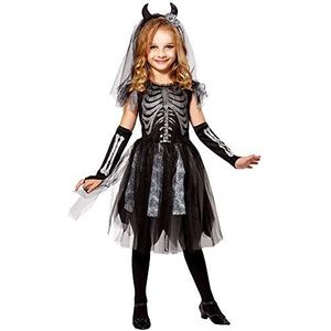 Widmann - Kinderkostuum skeletbruid, jurk, vingerloze handschoenen, bruidssluier met hoorns, themafeest, carnaval, Halloween