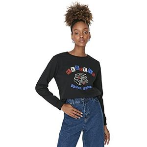 TRENDYOL Dames Crew Neck met slogan Regular Sweatshirt, zwart, M