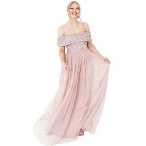 Maya Deluxe Bardot-jurk voor dames, maxi-versierd, hoge Empire-taille, mouwloos, tule, voor bruiloft, gast, eindexamenfeest, bruidsmeisje, Frosted Roze, 52