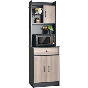 FANTASK Keukenkast, buffetkast met lade, verstelbare planken en draadgat, grote open ruimte voor magnetron, zwart
