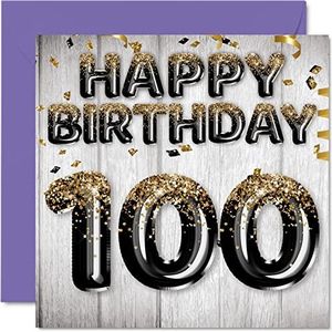 100e verjaardagskaart voor mannen - zwarte en gouden glitterballonnen - gelukkige verjaardagskaarten voor 100-jarige man vader overgrootvader opa oma, 145 mm x 145 mm honderdste wenskaarten cadeau