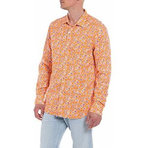 Replay heren overhemd, 010 Oranje Met Gedrukte Bloemen, S