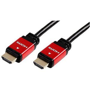 HDMI-kabel met ethernet, stekker op stekker, rode metalen koppen, 3 m, zwart
