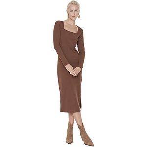 TRENDYOL Dames Woman Mini gebreide jurk ronde hals tricot jurk, bruin, L