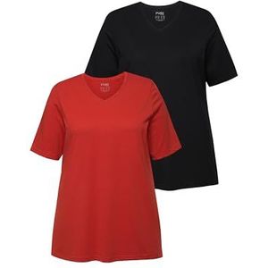 Ulla Popken Dames grote maten grote maten plus size T-shirts, set van 2, V-hals, halflange mouwen, biologisch katoen, steenrood, 58-60