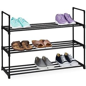 Relaxdays schoenenrek metaal, 3 etages, voor 12 paar schoenen, HBD: 67 x 90.5 x 30.5 cm, opbergrek schoenen, zwart