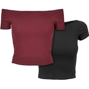 Urban Classics, Damen, T-Shirt, Ladies Off Shoulder Rib Tee 2-Pack, Redwine+Black, L