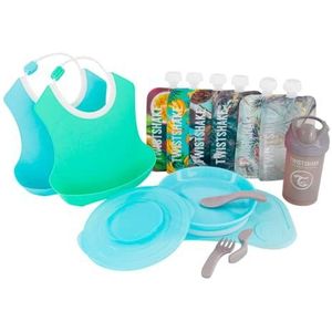 Twistshake Kinderserviesset Click-mat Mini met 2x slabbetjes, drinkfles, 6x knijpschot, BPA-vrij, blauw/groen/jongen, 3, 78817