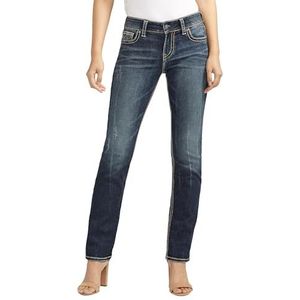 Silver Jeans Co. Dames Suki Mid Rise Straight Leg Jean, Vintage Dark Wash With Lurex Stitch, 25W / 32L