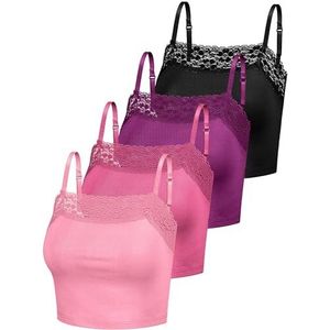 4 stuks kanten hemdje voor dames, spaghettibandjes, kanten bralettes, crop tops, halve cami-top, kant, bandeau, tanktops voor vrouwen en meisjes, Roze, Rose Rood, Paars, Zwart, L