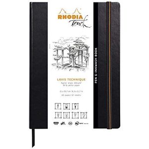 Rhodia 116128C Notitieboekje Pen&inkwash Book DIN A4 (21x29,7 cm), 32 vellen, blanco, Clairefontaine papier Lavis wit 200 g, elastiek, bladwijzers, kunstleer, zwart, 1 stuk
