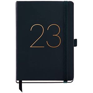 Miquelrius - Jaarplanner 2023 - Dagpagina - Plus grootte 155 x 213 mm (ca. A5) - Hardcover van kunstleer genaaid - elastiek - Catalaans, Engels en Portugees - Zwart