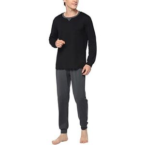 Sykooria Herenpyjama lang met manchetten van katoen, tweedelige pyjama voor heren, lang, shirt en pyjamabroek, F-zwart, XXL