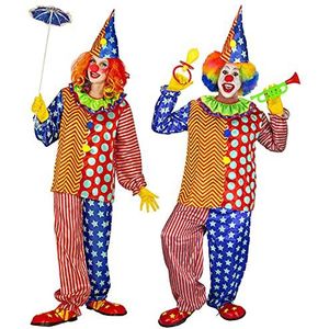 Widmann 48692 clownskostuum, bovendeel met kraag, broek en hoed, voor volwassenen, circus, themafeest, carnaval, uniseks, meerkleurig, M