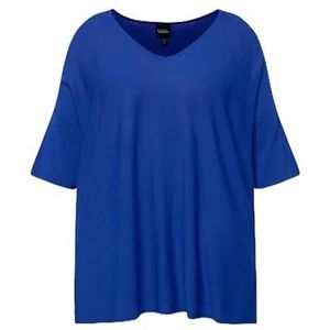 Ulla Popken, Dames, grote maten, truien, oversized, V-hals, halflange mouwen, blauw, 50/52 NL