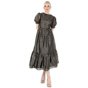 Lovedrobe Midaxi-jurk voor dames, ronde hals, korte pofmouwen, metallic, zigzag-rug, A-lijn, voor feest, avondgelegenheid, Zwart, 42