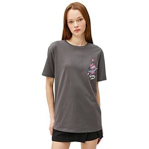 Koton T-shirt voor dames, bedrukt met ronde hals, korte mouwen, katoen, Antraciet (939), XS