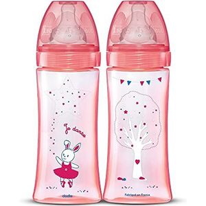 Dodie - Set met 2 babyflessen + 330 ml roze + 6 maanden, platte zuiger, fluxsnelheid 3, 6001329