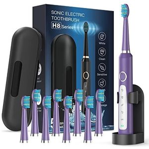 Sonic-elektrische tandenborstel voor volwassenen en kinderen, sonische tandenborstels met 8 opzetborstels, tandenborstelhouder en reistas, één lading voor 120 dagen (paars)
