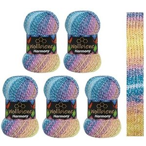 Wollbiene Harmony Batik 5 x 100 g, 500 gram met kleurverloop, 30% katoen, meerkleurig, kleur: wol, haakwol, wol, het hele jaar door (8070 blauw, paars, camel)