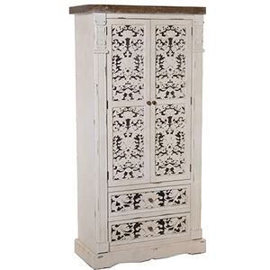 DRW Kledingkast met 2 deuren en 2 laden van hout en MDF, gesneden, antiek wit, 85 x 40 x 170 cm