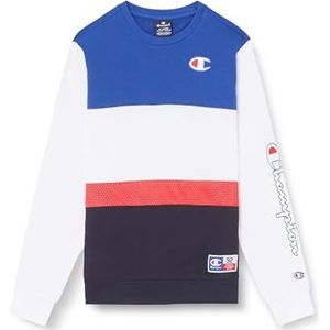 Champion Legacy Retro Sport B-Spring Terry Color Block Crewneck Sweatshirt voor kinderen en jongens, wit/marineblauw/rood/elektrisch blauw, 11-12 jaar