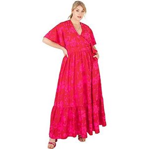 Lovedrobe Maxi-jurk voor dames, grote maten, V-hals, kunstwikkeling, korte mouwen, flutter, tropische ruches met zakken voor de zomer, roze, 42