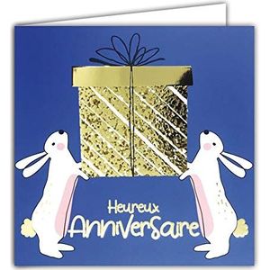 Vierkante kaart voor verjaardag, 2 konijnen, geweldig cadeau, goudkleurig, glanzend, gestructureerd, reliëfeffect
