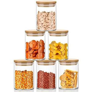 ARVINKEY 6 Set Glazen Potten Set 260ml, 9oz Kruidenpotten Voedsel Granen Opslag Container met Bamboe Luchtdichte Deksels en Etiketten voor Meel, Suiker, Koffie, Snoep, Snack en Meer