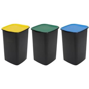 Avilia Set van 3 vuilnisemmers voor afvalscheiding, 50 l, afvalcontainer voor keuken en buiten, met kleurrijke deksels voor kunststof, papier en glas, van polypropyleen, 38 x 38 x 55 cm