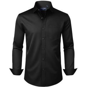 Alimens & Gentle Herenoverhemden met lange mouwen en kreukvrije stretch zakelijke casual overhemden met knopen, Zwart, XL