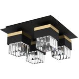 EGLO Opbouw plafondlamp Barrancas, 4-lamps kristal plafond lamp, elegante woonkamerlamp van metaal in zwart en goud, transparant glas, plafondverlichting met E14 fitting