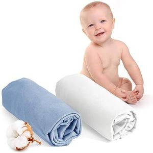 Dreamzie Hoeslaken 70x140 (x2) - 100 procent Oeko Tex Gecertificeerd Katoen - Hoeslaken 70x140 Baby - Wit en Blauw
