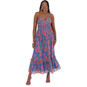 Anaya with Love Dames Midaxi Jurk Dames Halter Mouwloos Bloemenprint Pailletten Versierd Ruffel Gestreepte Ruf Gestreepte Ruf Chiffon A-lijn, Kobaltblauw 40, cobalt blue, 40