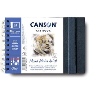 CANSON Art Book Mixed Media Artist Spiraalboek, 64 pagina's, multitechniekpapier, fijne korrel, 21 x 14,8 cm, 300 g/m², wit
