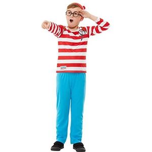Where's Wally? Deluxe Costume, Red & White, Top with 3D Print, Trousers, Hat & Glasses (S)