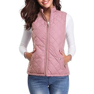 fuinloth Damesvest met opstaande kraag, gewatteerd vest, licht, mouwloos, jas met ritssluiting, zakken, roze, M