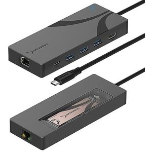 SABRENT USB-C hub, 6-poorts basis met M.2 SSD-sleuf, 90 W PD3.0, 1 USB 2.0 en 2 USB 3.0 Type-A poorten, HDMI 2.0 4K bij 60 Hz, RJ45 poort 1 GbE (HB-6PNV)