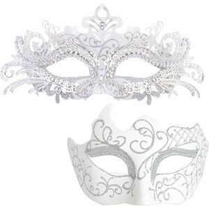MYSEUNI Wit maskerademasker voor koppels - glanzende strass filigraan metalen Venetiaans masker & heren vintage Venetiaans masker voor bruiloft avond prom Mardi Gras maskerade bal, wit, één maat past