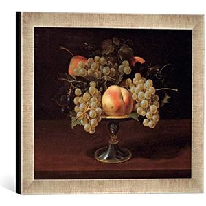 Ingelijste afbeelding van Carlo Francesco Nuvolone ""Stilleben met druiven, druiven, perzik en peer in een metalen schaal"", kunstdruk in hoogwaardige handgemaakte fotolijst, 40 x 30 cm, zilver raya