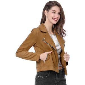 Allegra K Dames Faux Suede Jassen converteerbare kraag Zip up Korte Moto Biker Jas