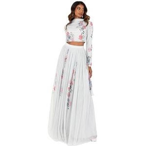 Maya Deluxe Traditionele Indiase jurk voor dames, outfit Lengha Choli Lehenga Saree rok en top Dupatta Coord set voor bruiloftsgast, grijze bloemen, 16, Grijze Bloemen, 16