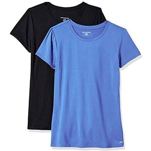 Amazon Essentials Dames Tech Stretch T-shirt met korte mouwen en ronde hals (verkrijgbaar in grote maten), 2-Pack, Helderblauw/Zwart, S
