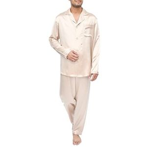 Sleepdown 100% zijden heren pyjama lange set 2st - nachtkleding nachtkleding, comfortabel, natuurlijk hypoallergeen - 22 Momme, Champagne, S