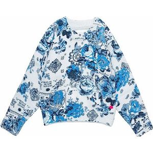 Replay Korte trui voor meisjes, 010 Ground Wit Bloem Blauw, 12 Jaren