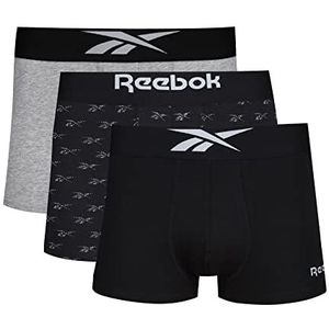 Reebok Heren super zachte Boxer korte katoenen stof in grijs/zwart/print met contrasterende elastische tailleband - Multipack van 3, Grijs Marl/Zwart Print & Plain, S